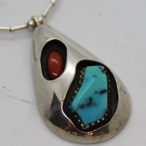 Sterling Silver Turquoise and Coral Necklace